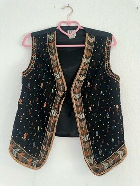 Vintage Hero Medium 100% Pure Silk Multi-Color Embroidered Floral & Beaded Vest
